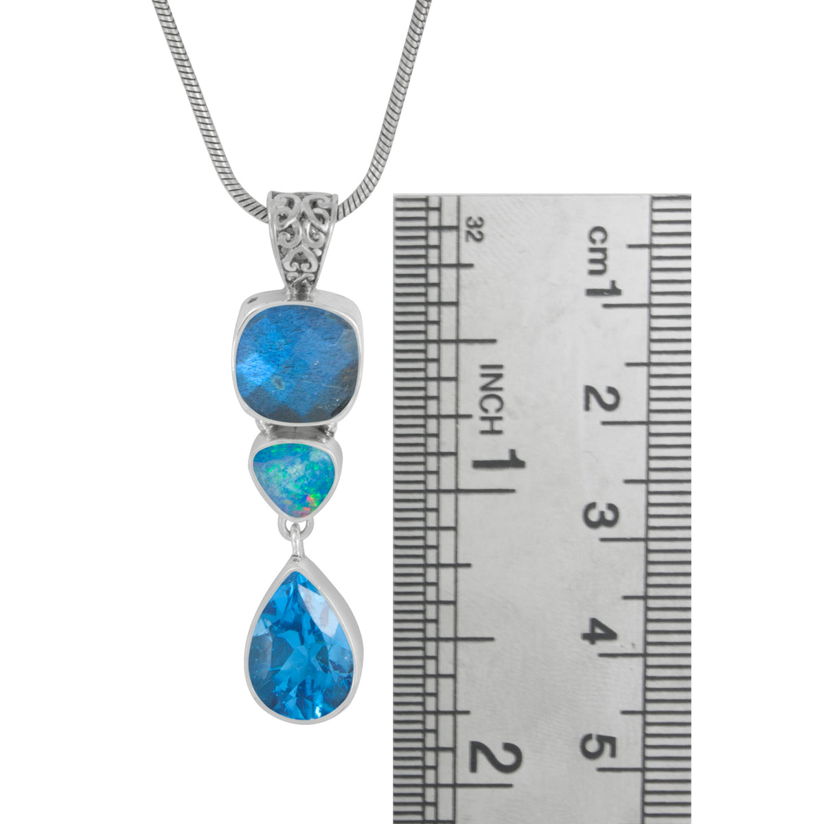 Silver Pendant Eith Labradorite Square, Opal Free Form &amp; Blue Topaz Drop