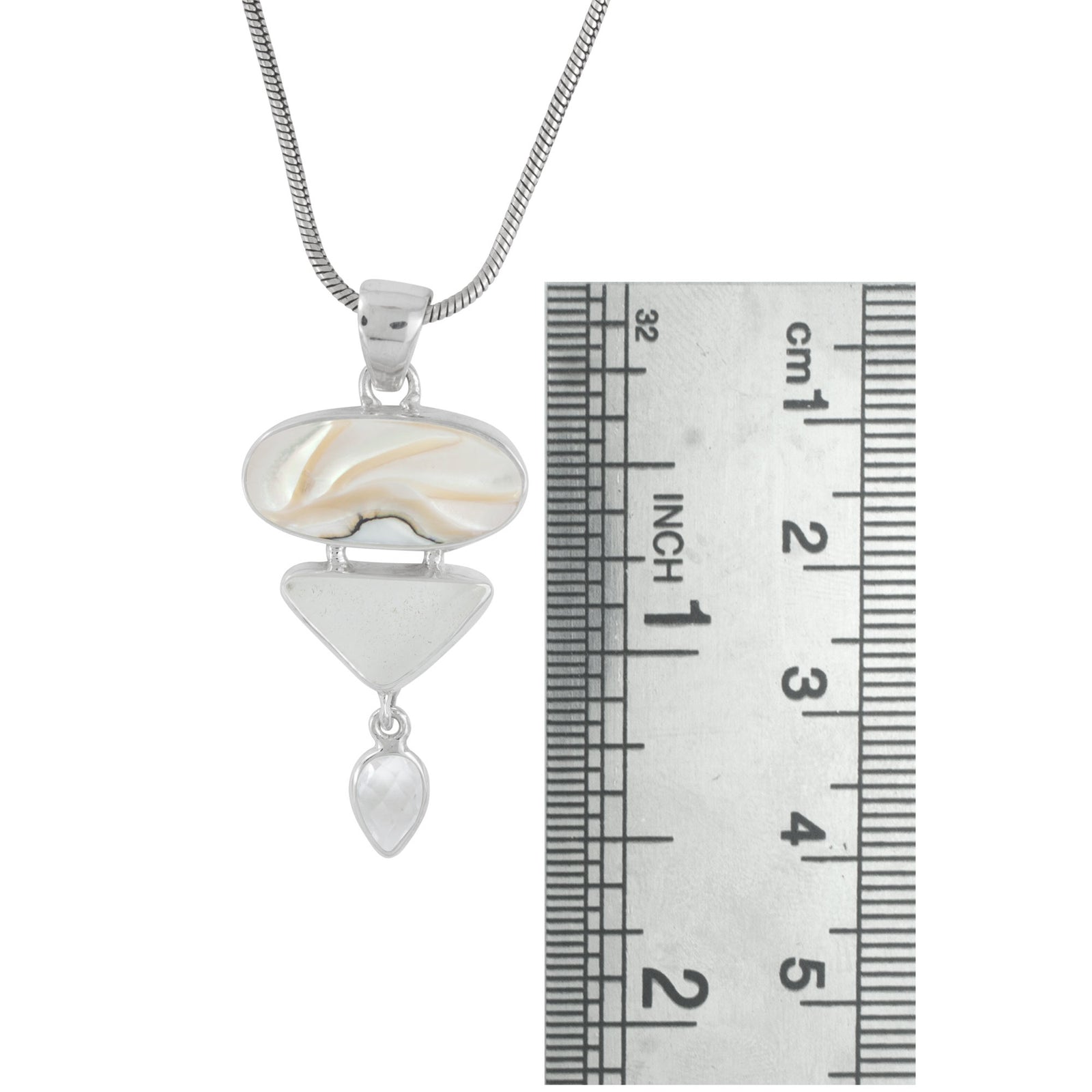 Sterling Silver Pendant With Shell Nautilas, Sea Glass White, White Topaz Pear Drop