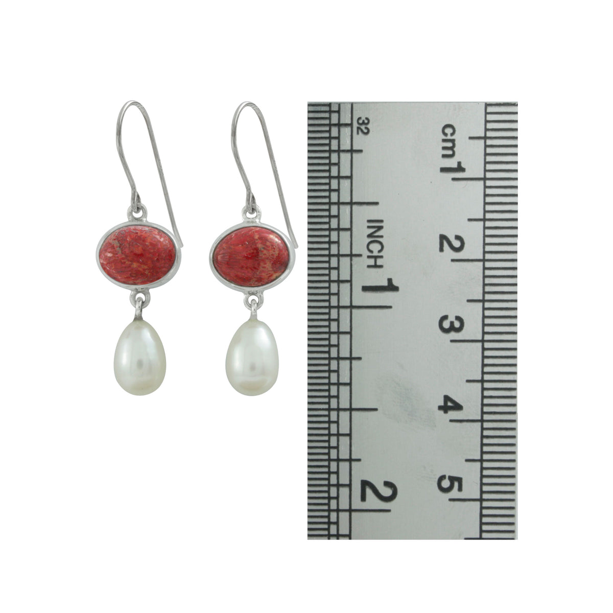 Silver Earring With Red Coral Oval &amp; Pearl