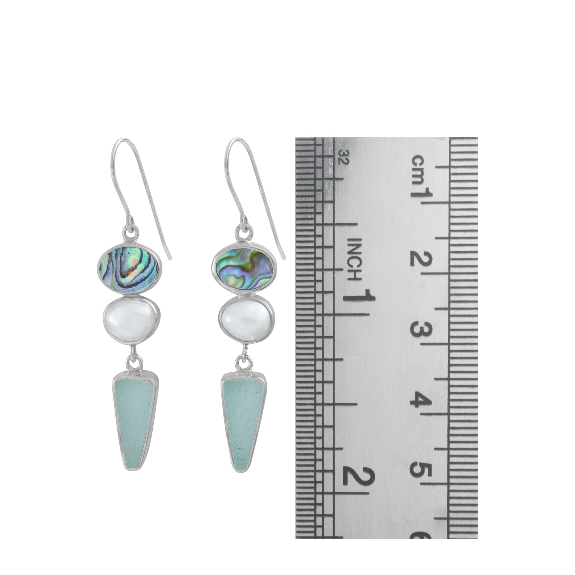 Sterling Silver Earring With Paua Oval, Pearl And Sea Glass Aqua Drop