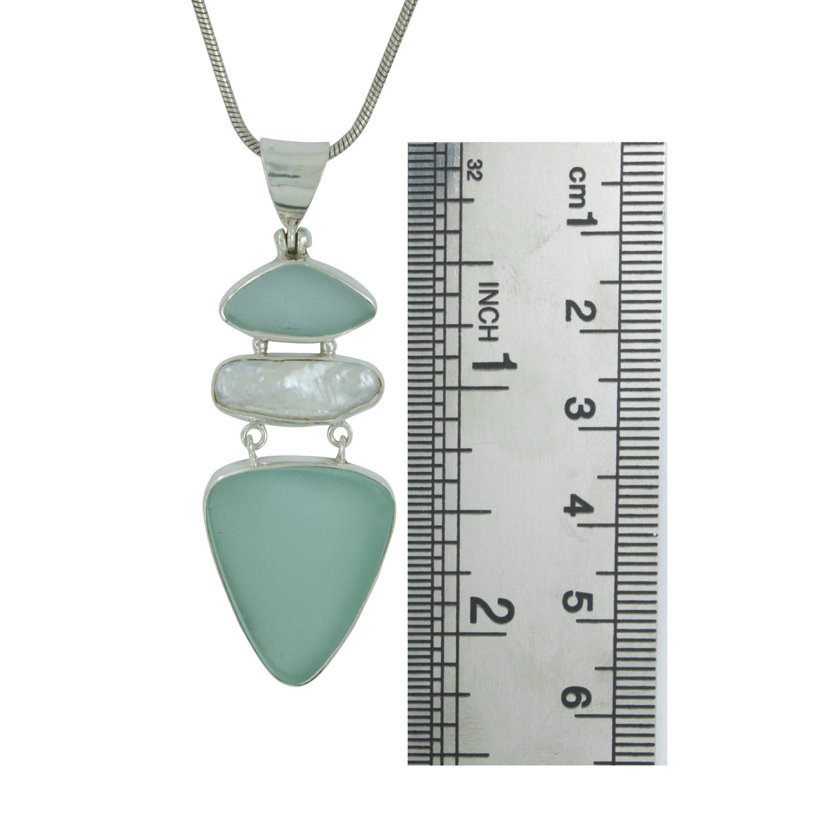 Exquisite Aqua Sea Glass Pendant with Biwa Pearl