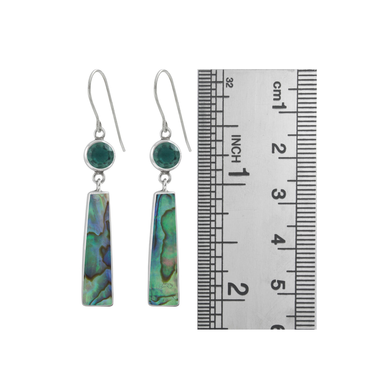 Silver Earring With Green Quartz Rounf Facet With Paua Rectangle Drop