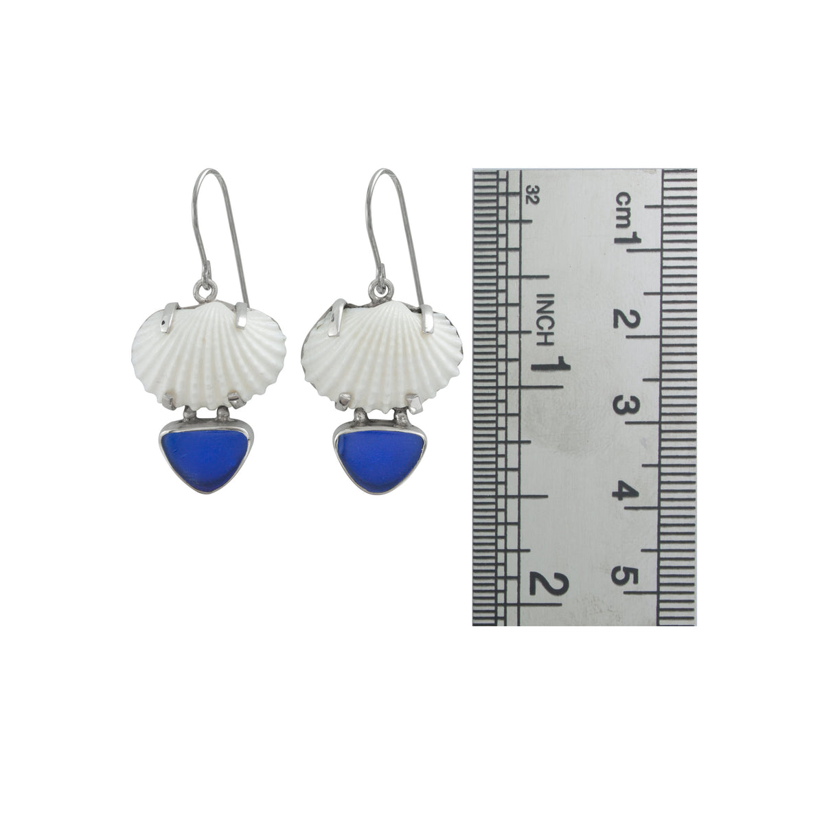 Silver Earring With White Ark Shell &amp; Sea Glass Blue