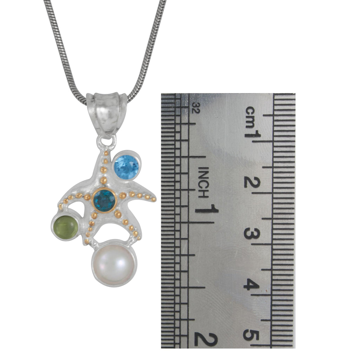 Silver Pendant With Star Component, Green Topaz, Peridot, Blue Topaz, &amp; Pearl Round