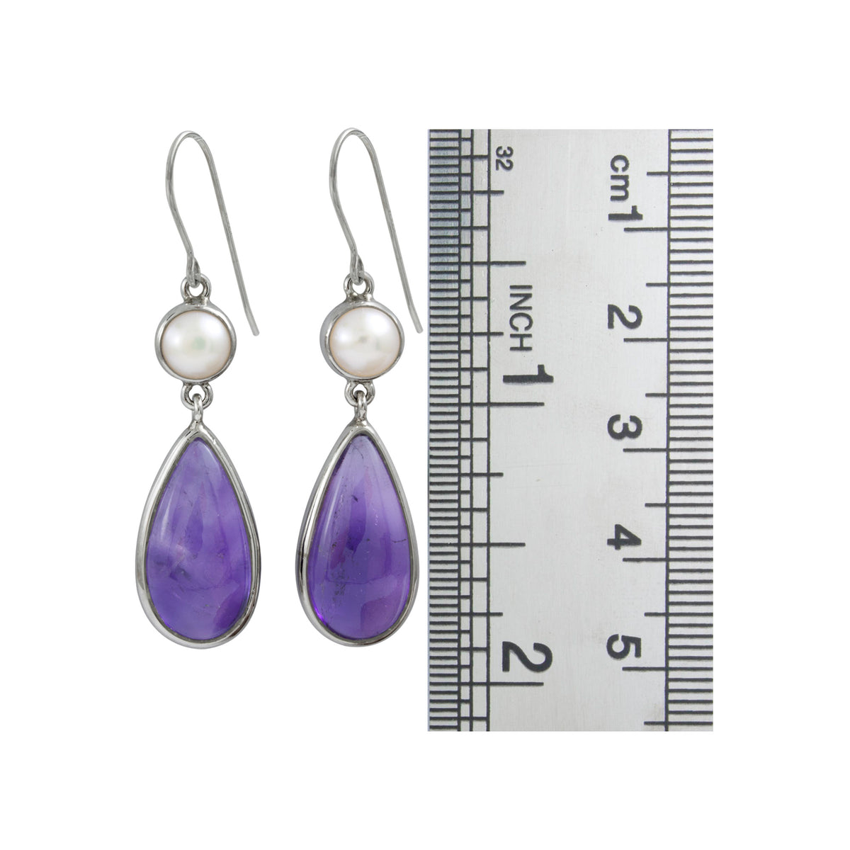Silver Earring With Pearl &amp; Amethyst cabison Drop