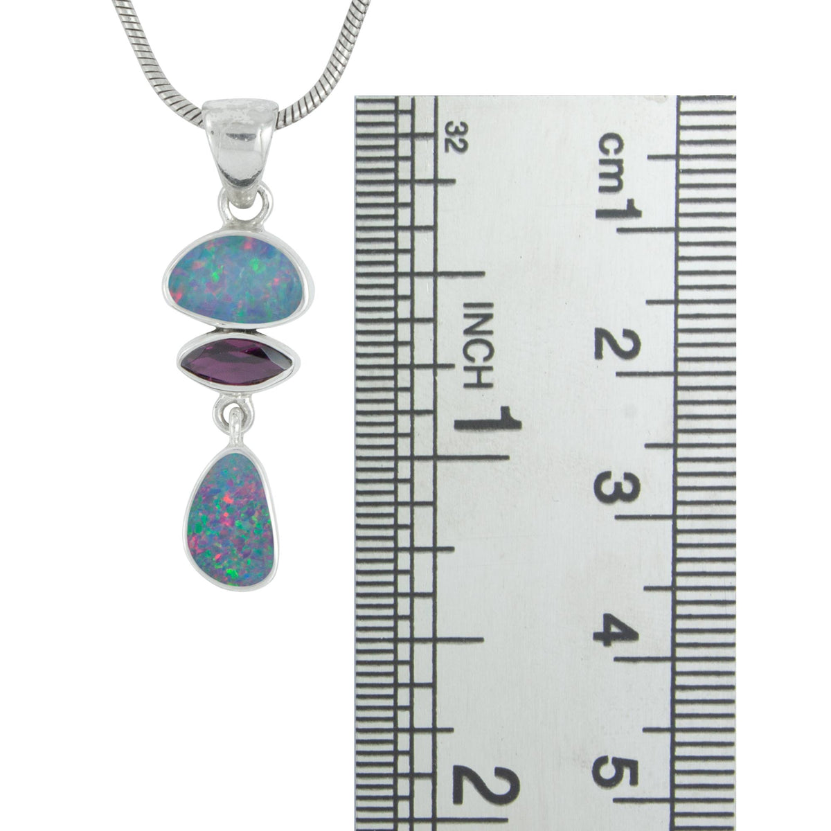 Silver Pendant 3 Stones With Opal Free Form &amp; Rhodolite Garnet Marquise