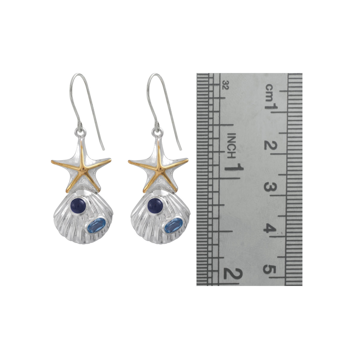 Silver Earring Sea Shell Component With Blue Topaz Oval And Iolite Round