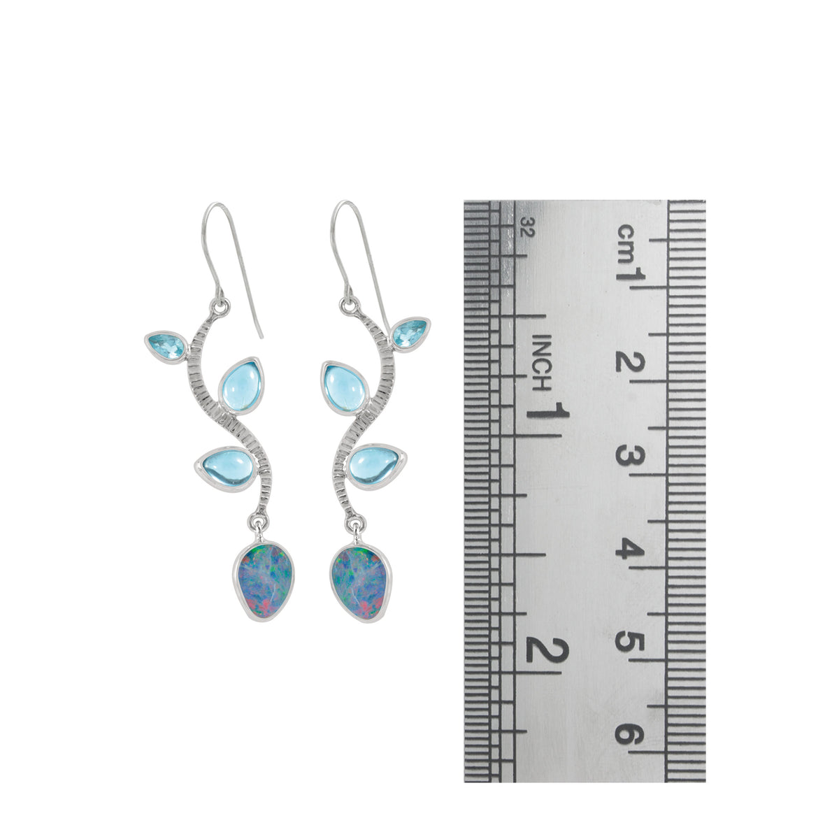 Sterling Silver Earring With 2 Blue Topaz Pear And Opal Free Form Drop