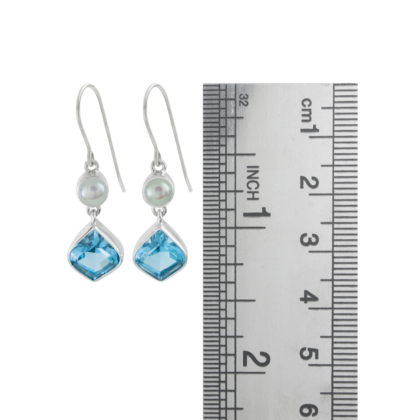 Sterling Silver Earring With Pearl Round And Blue Topaz Onion Drop Facet