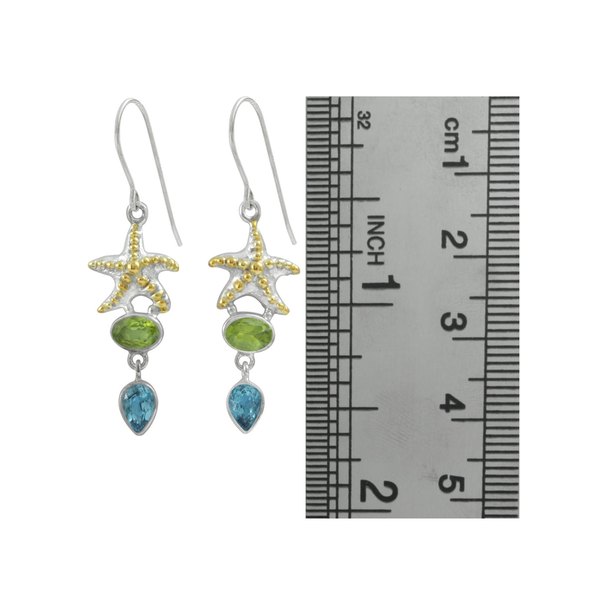 Silver Earring With Star Component With Peridot Oval And Blur Topaz Pear Facet