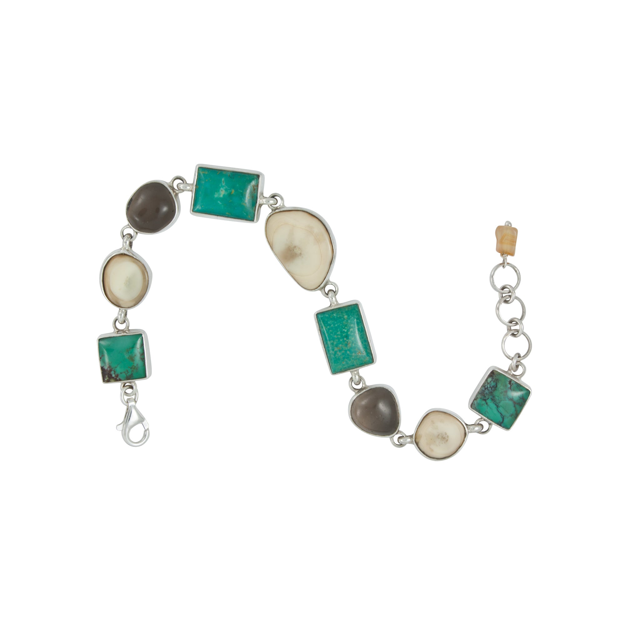 Sterling Silver Bracelet With Fossil Ivory, Turqouise Rect And Square, Smoket Free Form Cab