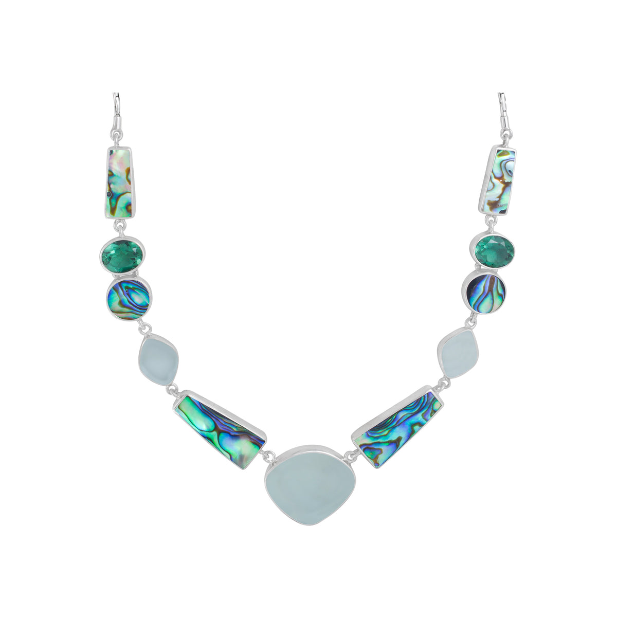 Sterling Silver Necklace With Sea Glass, Paua, Green Quartz Oval Facet