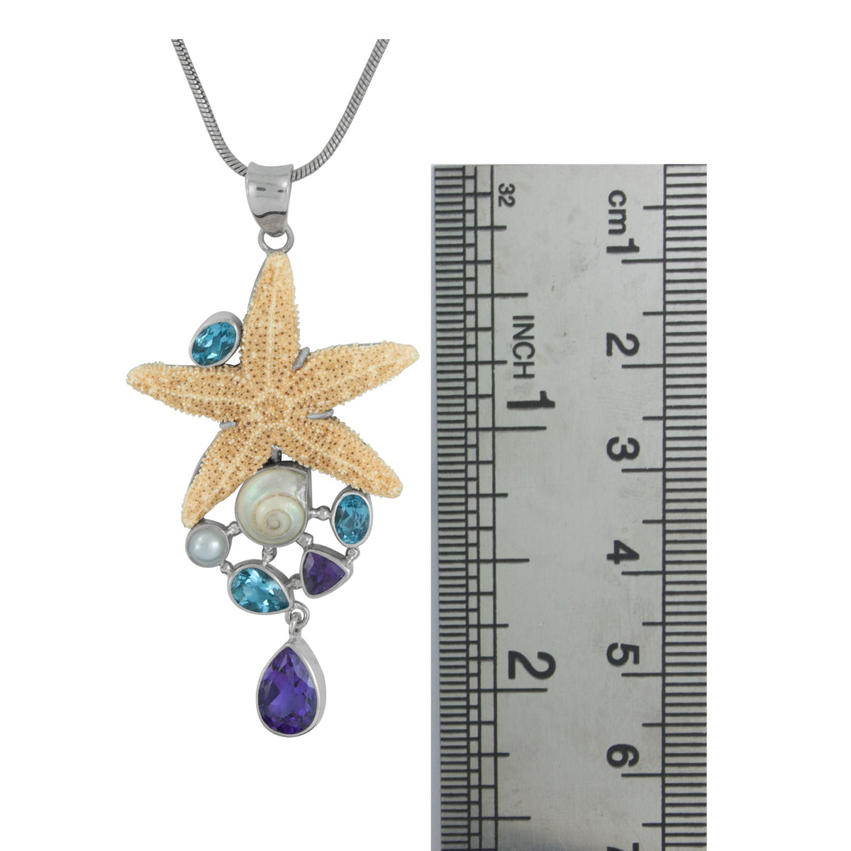 Silver Pendant With Star Fish, Blue Topaz Oval Facet, Shell Malabar Turbos, Pearl, Amethyst
