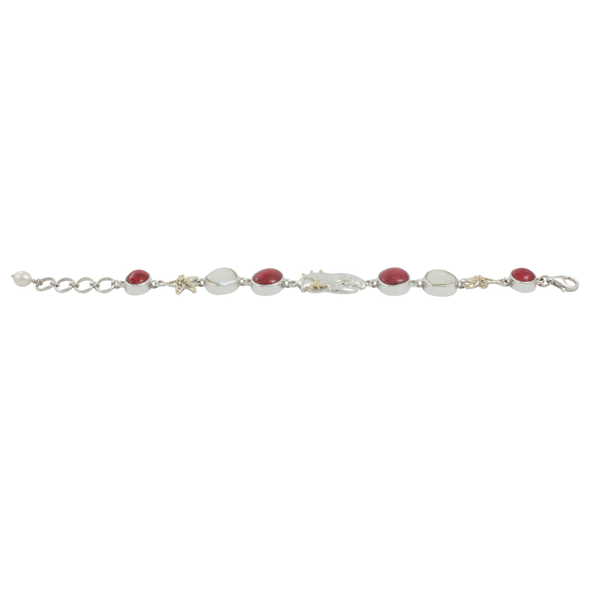 Silver Bracelet With Star And Claw Component With Pearl, Sponge Coral Oval