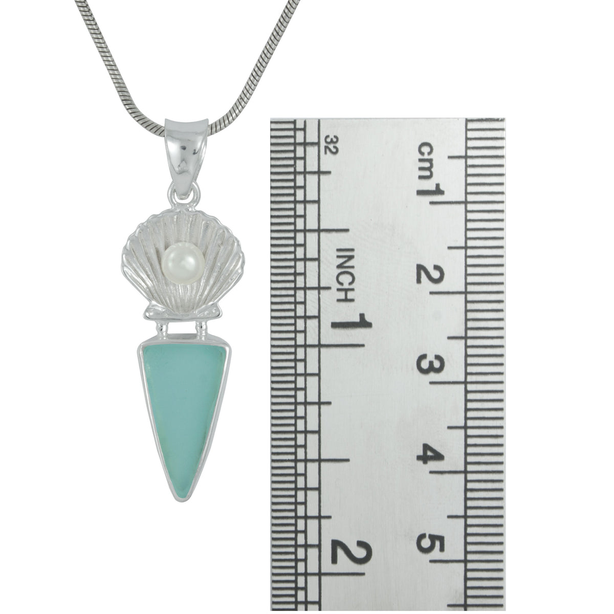 Silver Pendant With Shell Componant With Pearl Round &amp; Sea Glass Aqua