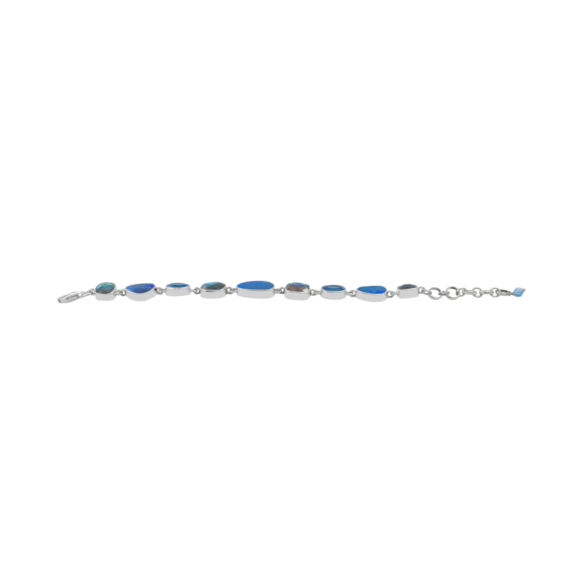 Silver Bracelet With Opal Free Form, Laboradite Cushion Checker & Blue Topaz Oval