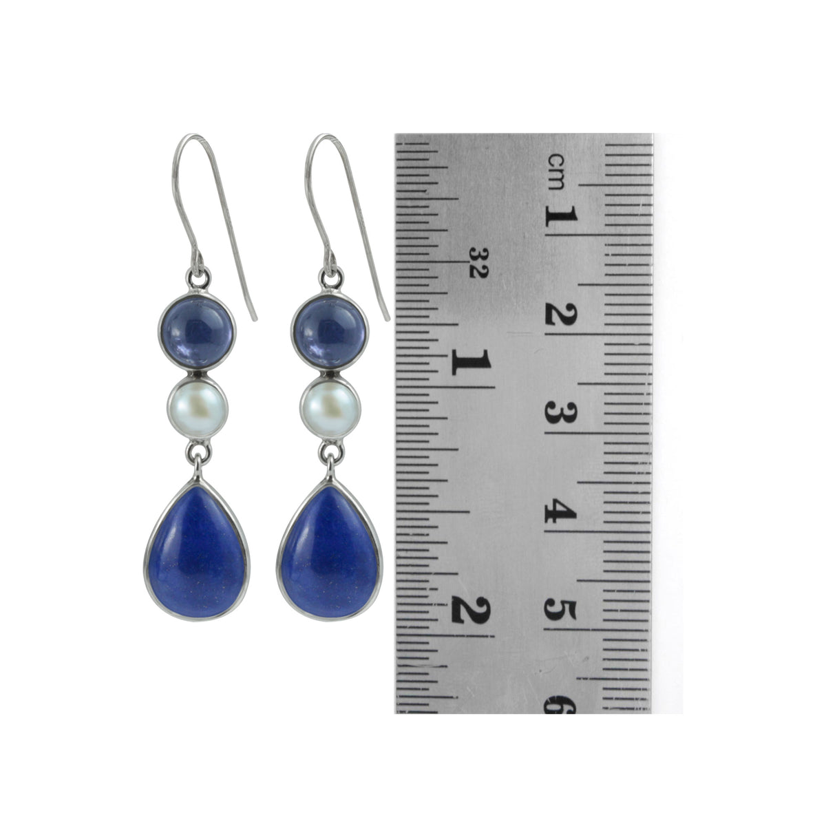 Elegant Lapis and Pearl 3 Stone drop earring