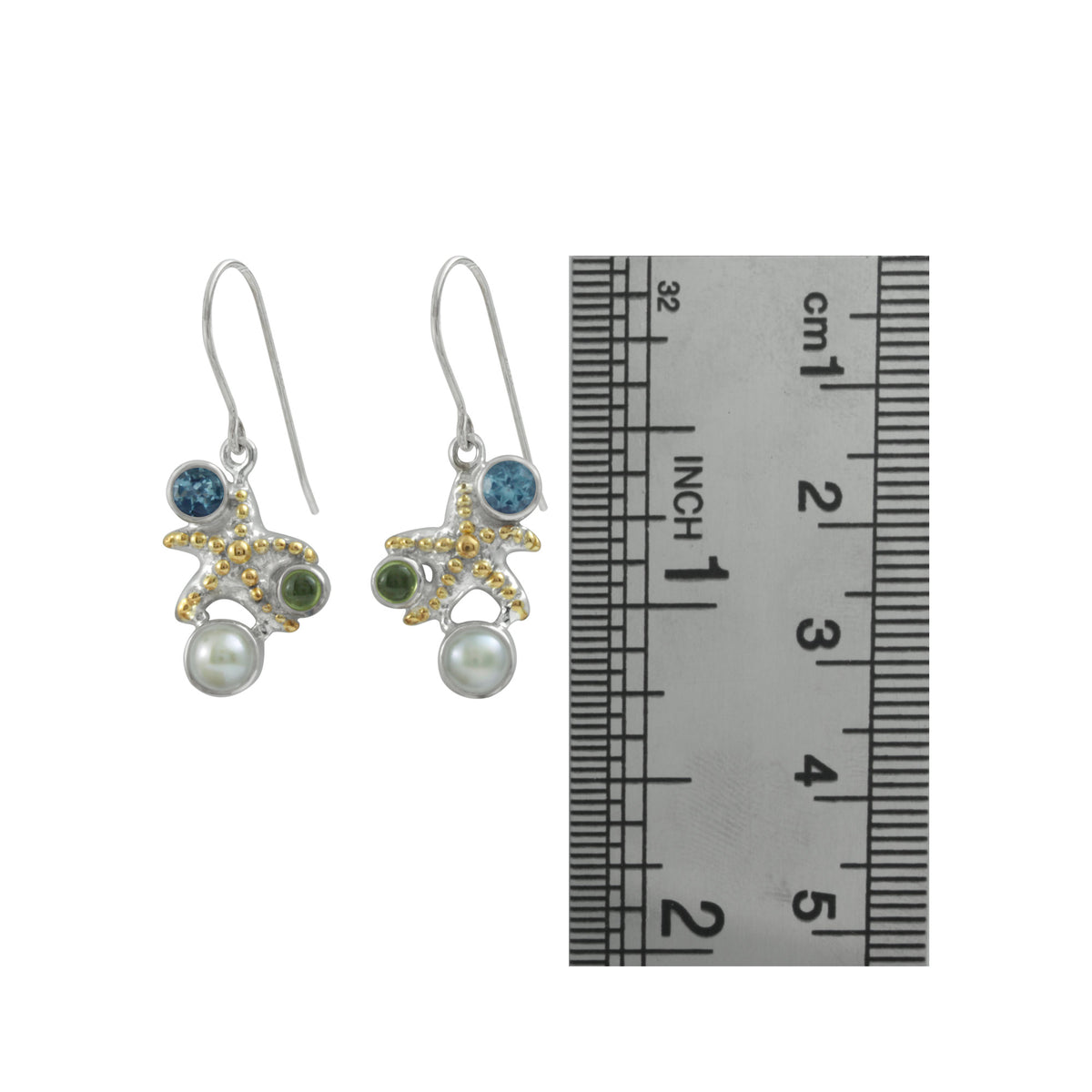 Silver Earring Star Component With Pearl, Blue Topas, Peridot Round And With Gold Accent