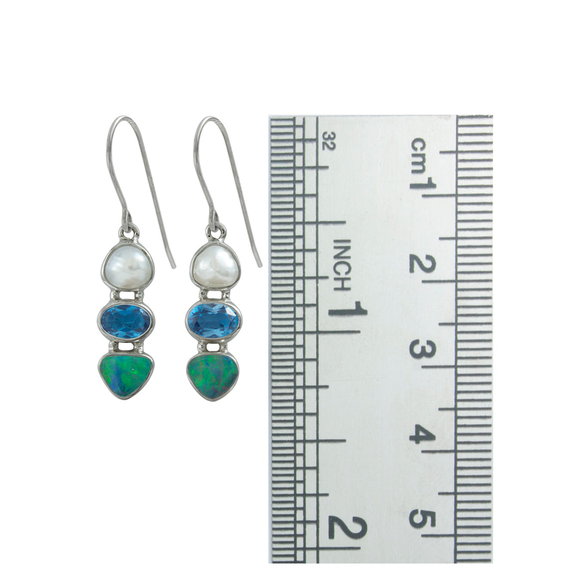 Silver Earring With Pearl Keshi, London Blue Ovsl Facet, Opal Free Form