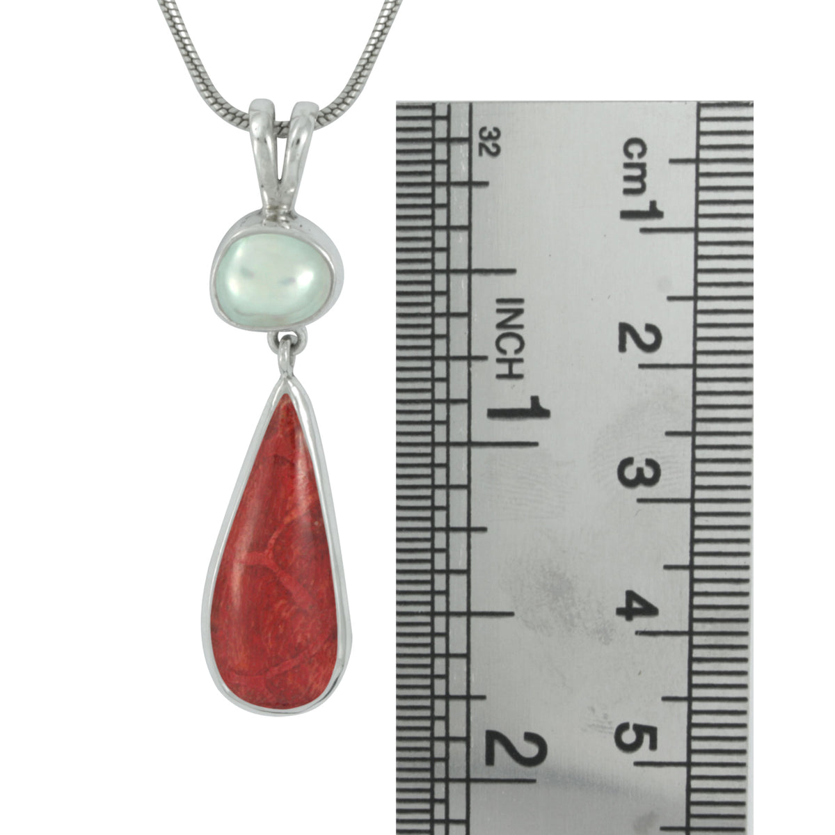 Silver Pendant With  Pearl &amp; Sponge Coral Tear Drop