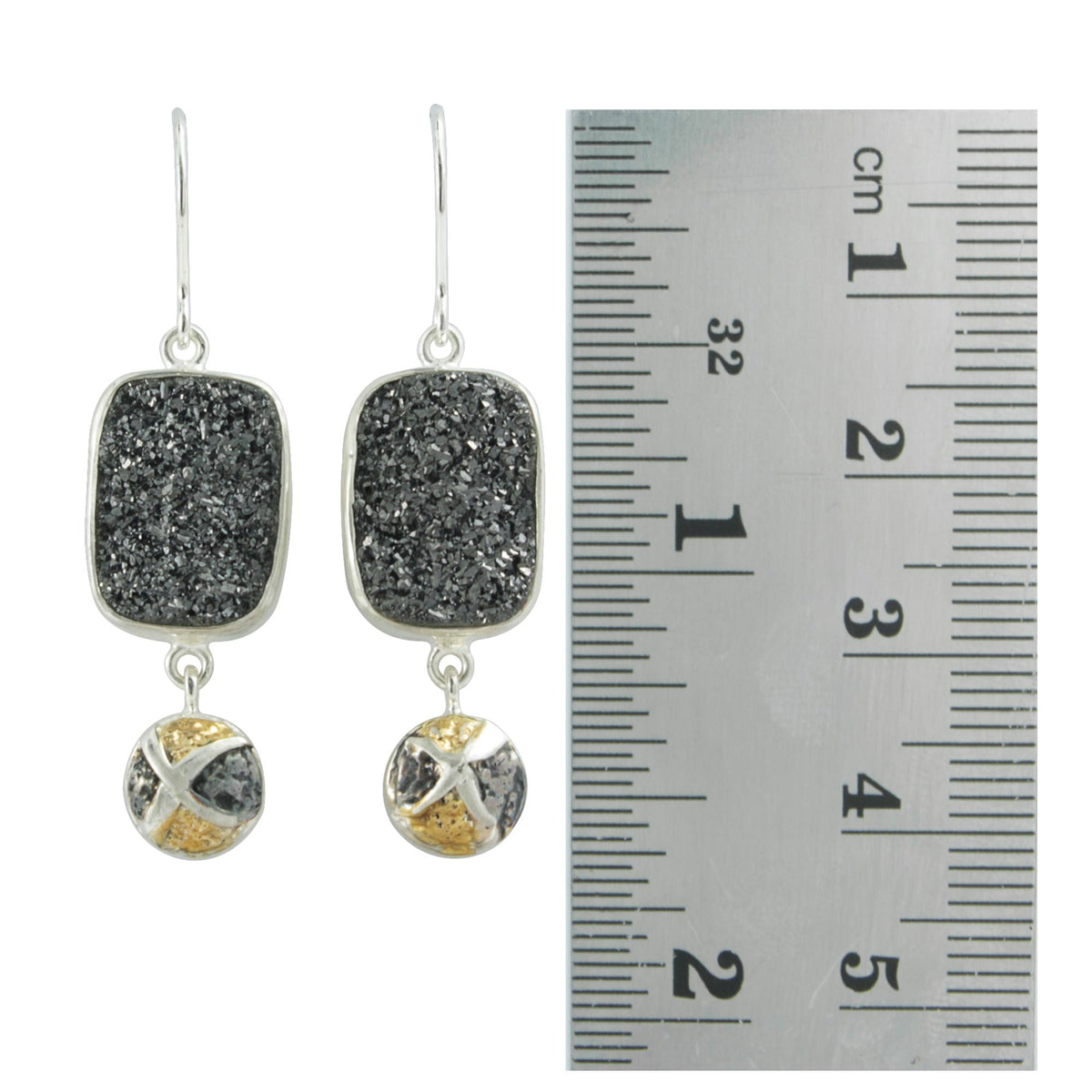 Silver Earring With Druzy Black Knight Rectangle And Texture Component Drop