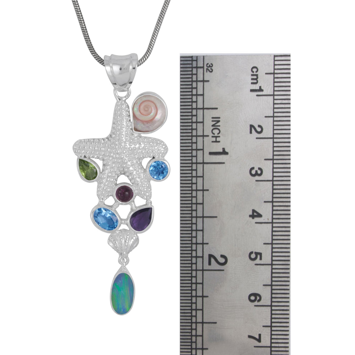 Silver Pendant Star Component With Multi Facet Stone And Opal Drop