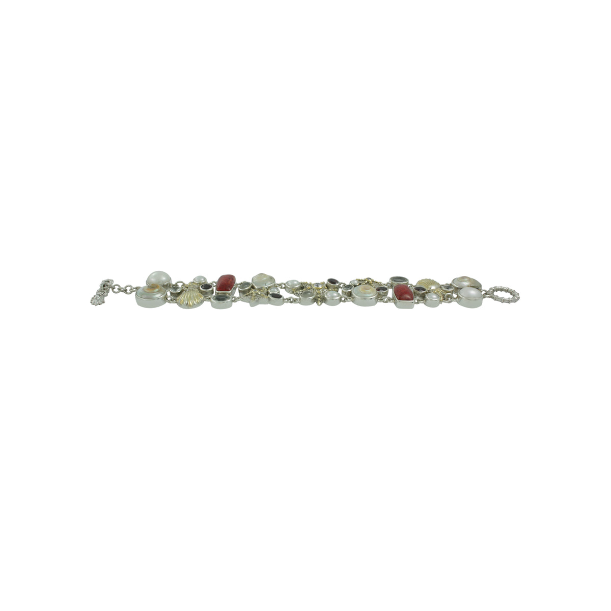 EXQUISITE Silver Bracelet With Sea Shells, gemstones and pearl