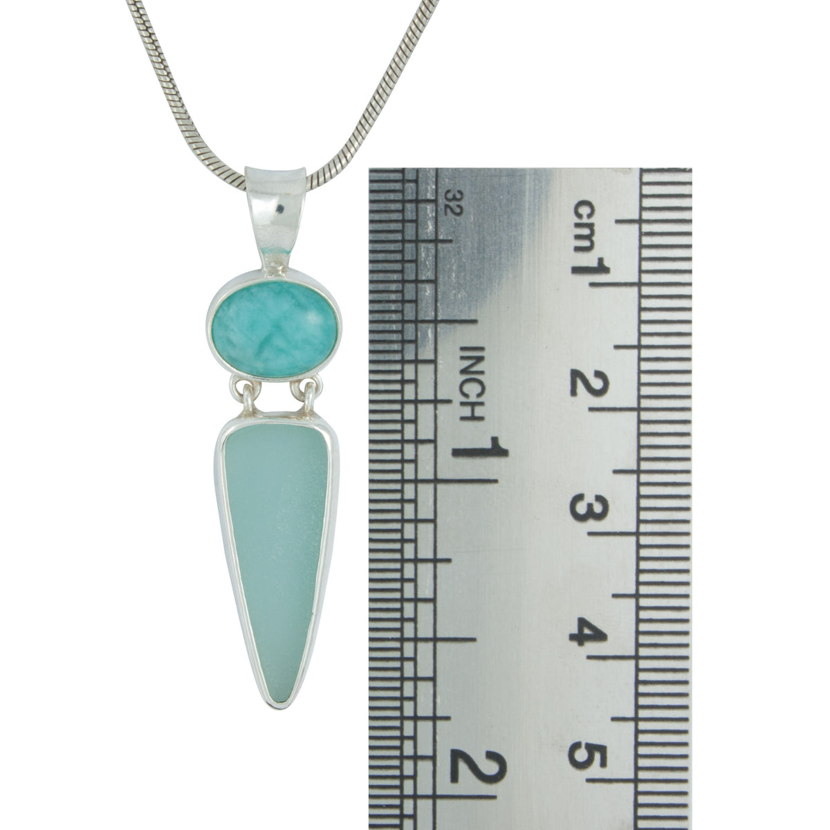 Silver Pendant With Amozonite Oval &amp; Sea Glass Aqua Drop