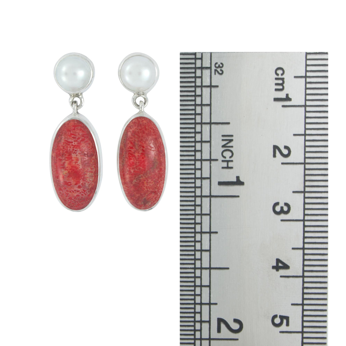 Silver Earring With Pearl Round &amp; Sponge Coral Oval Drop