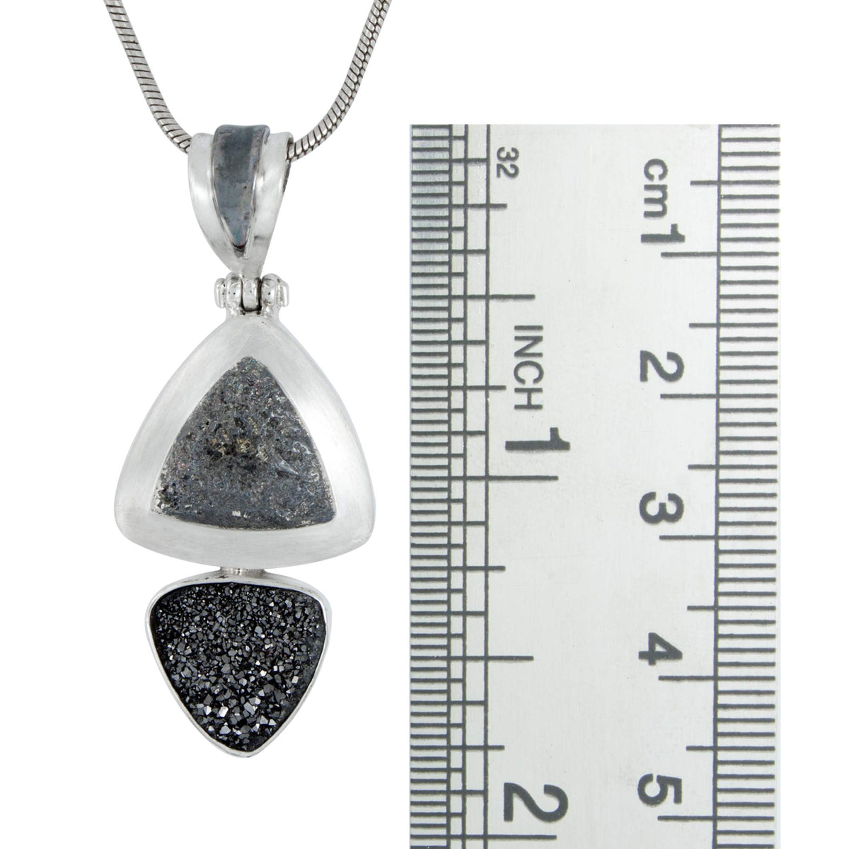 Silver Pendant Texture Component With Druzy Black Knigt Triangle