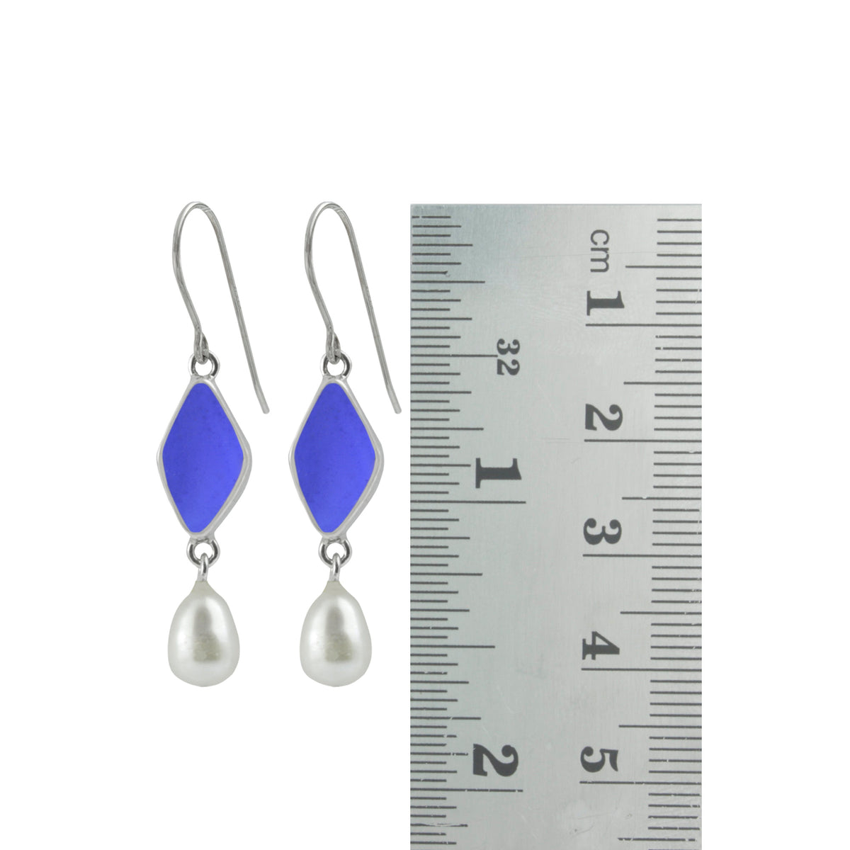 Cobalt Blue Sea Glass Earring With Pearl Drop
