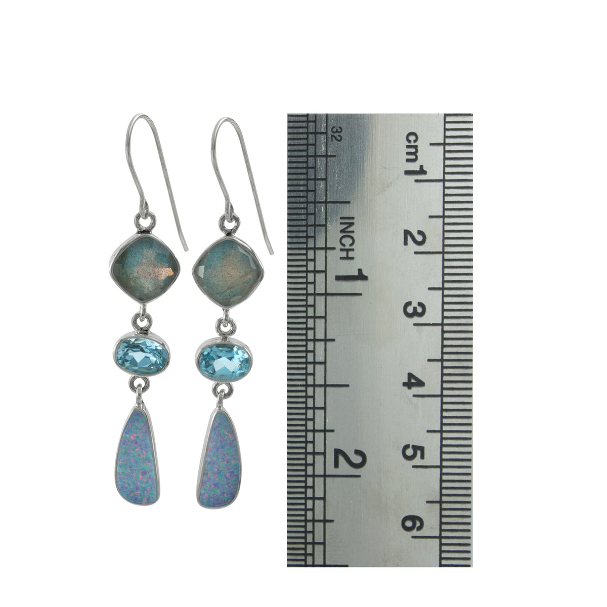Silver Earring With Laboradite SQ Cush Checker, Blue Topaz , And Opal Free Form