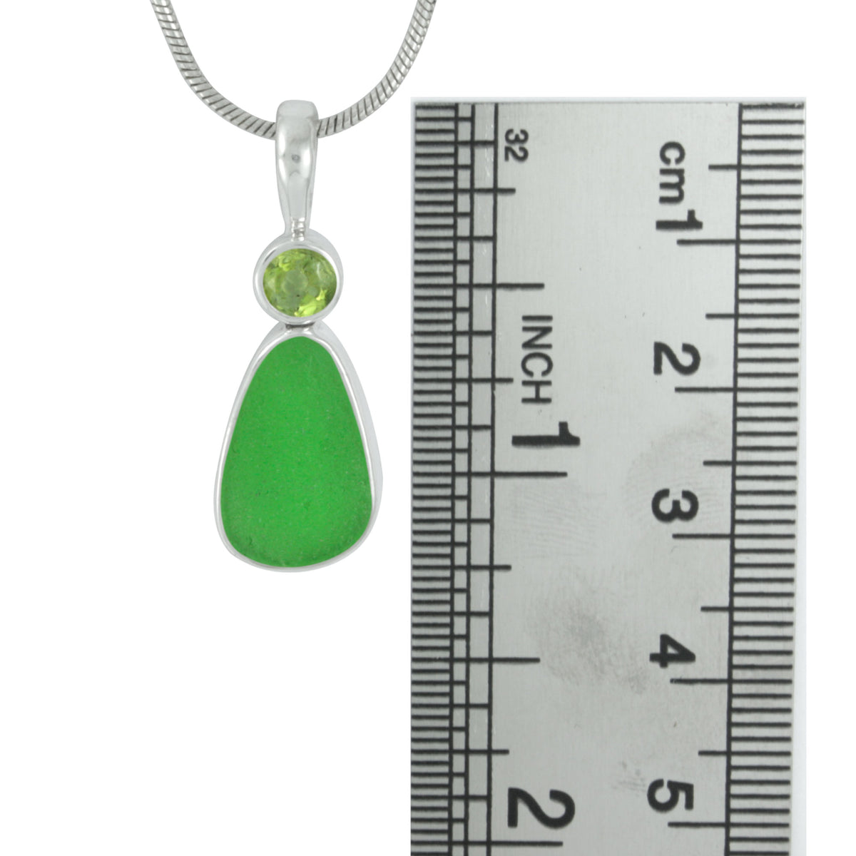 Silver Pendant With Peridot Round Facet &amp; Sea Glass Green