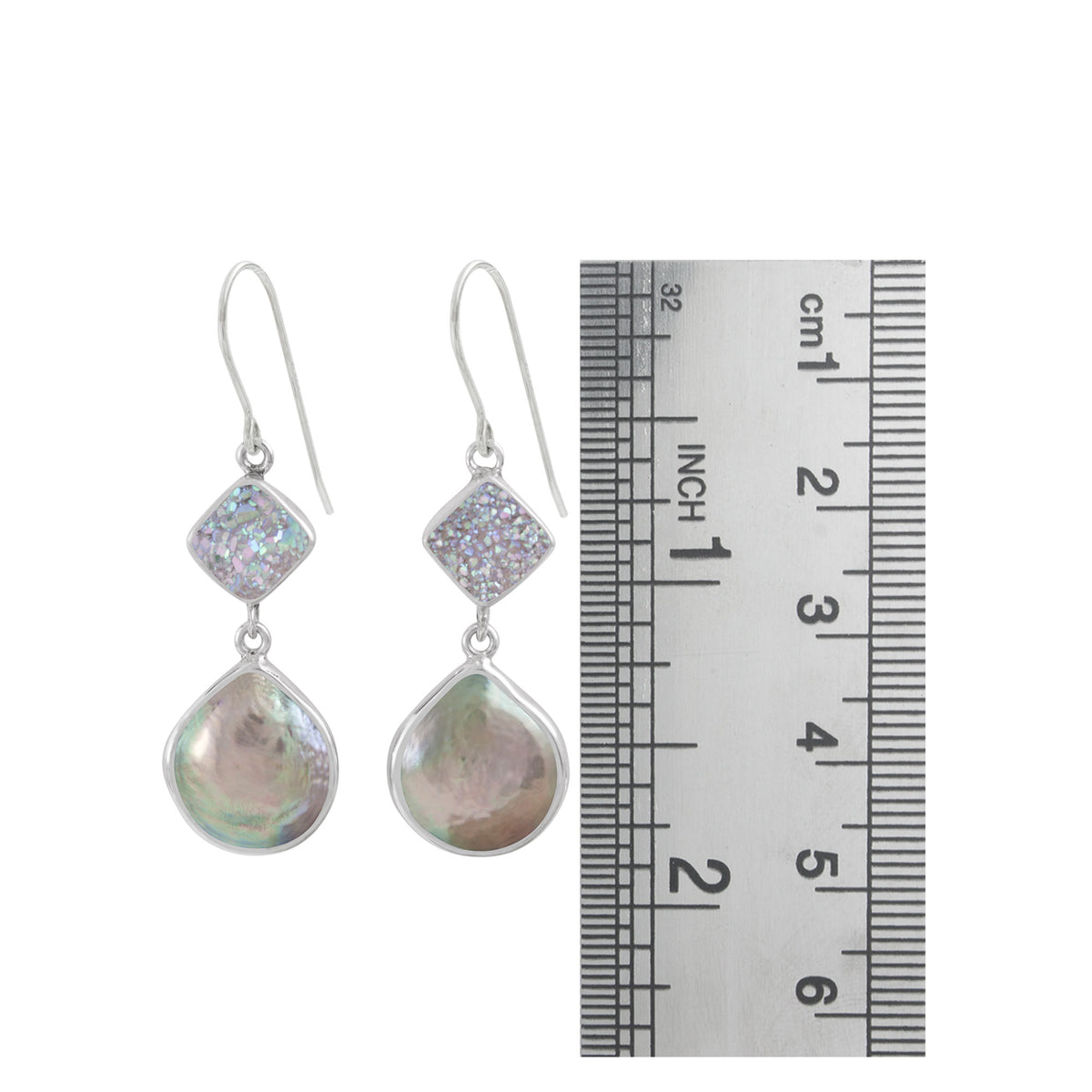 Sterling Silver Earring With Druzy Opal Square And Pearl Drop