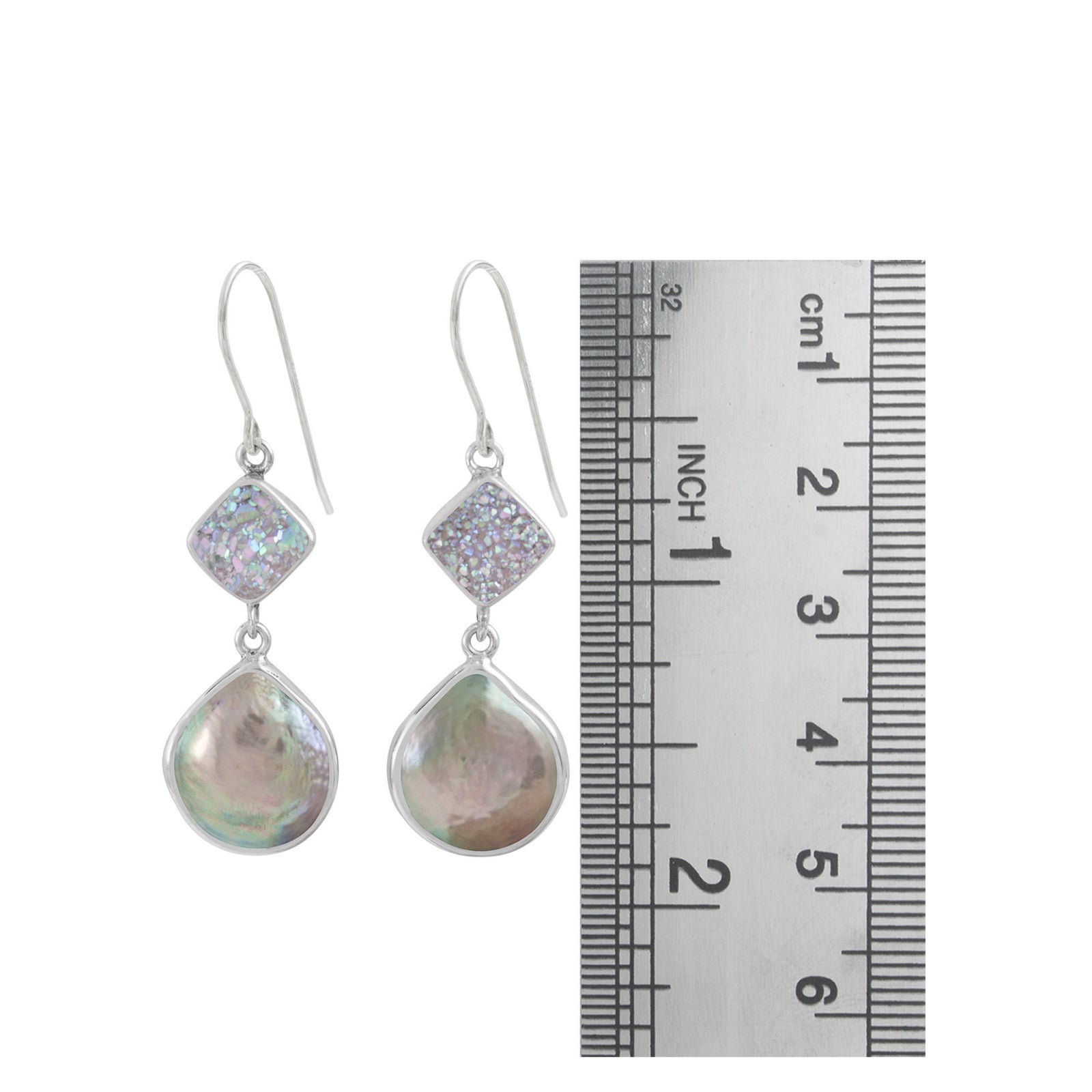 Sterling Silver Earring With Druzy Opal Square And Pearl Drop