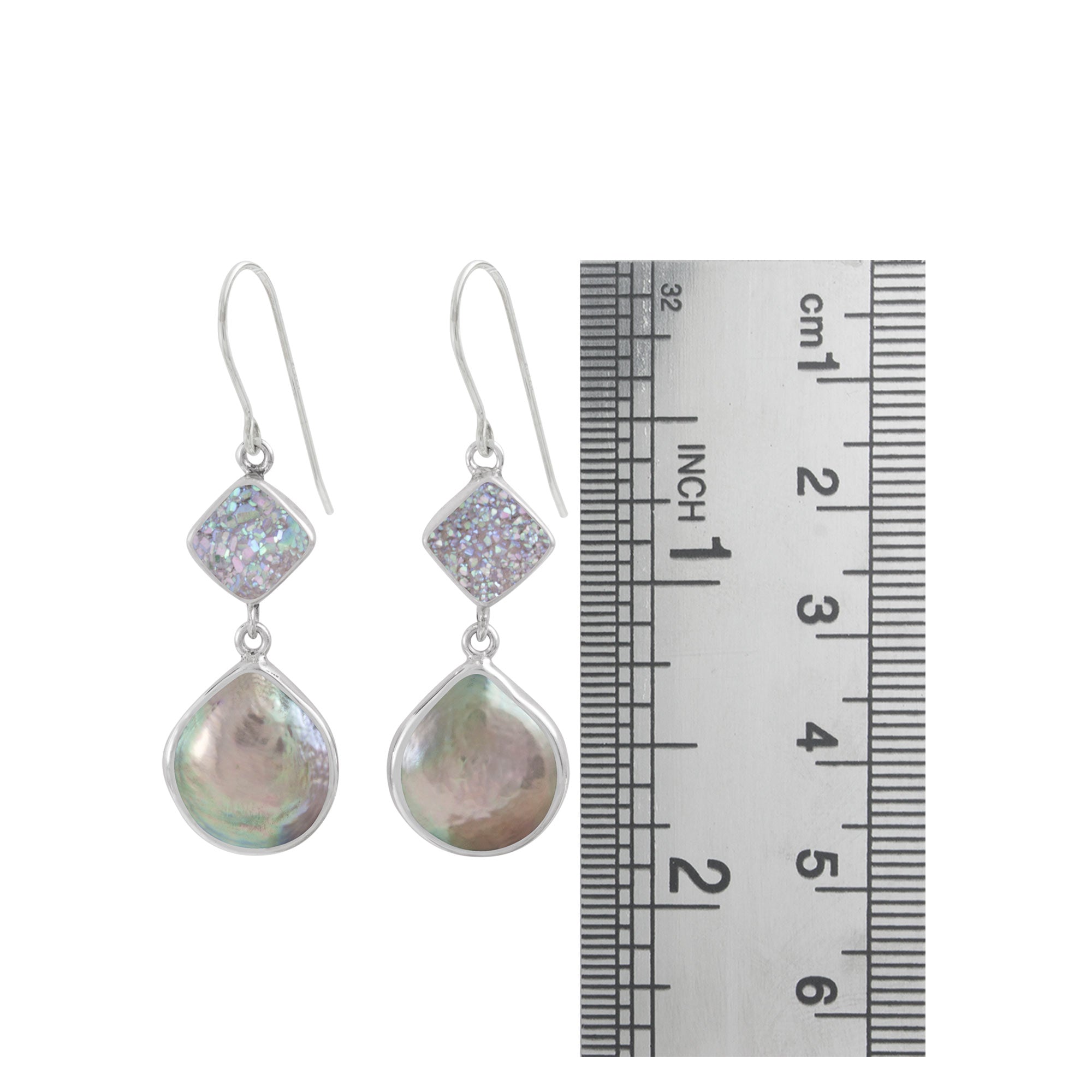 Sterling Silver Earring With Druzy Opal Square And Pearl Drop