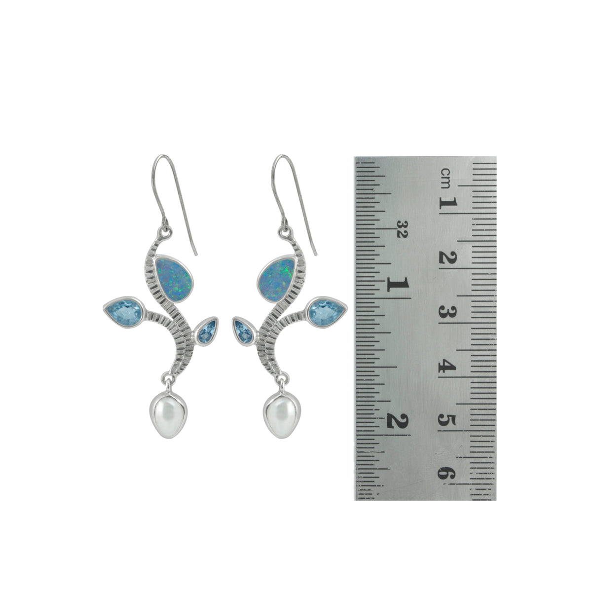 Contemporary Earring depicting a silver branch with Australian opal and blue topaz