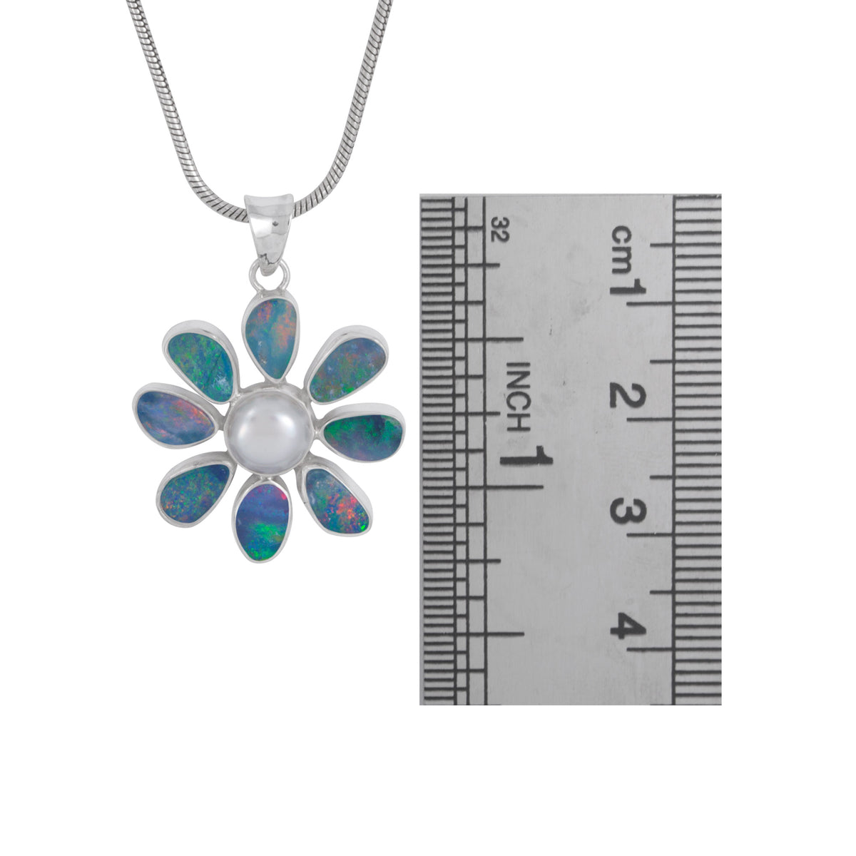 Silver Flower Pendant With Opal Free Form &amp; Pearl