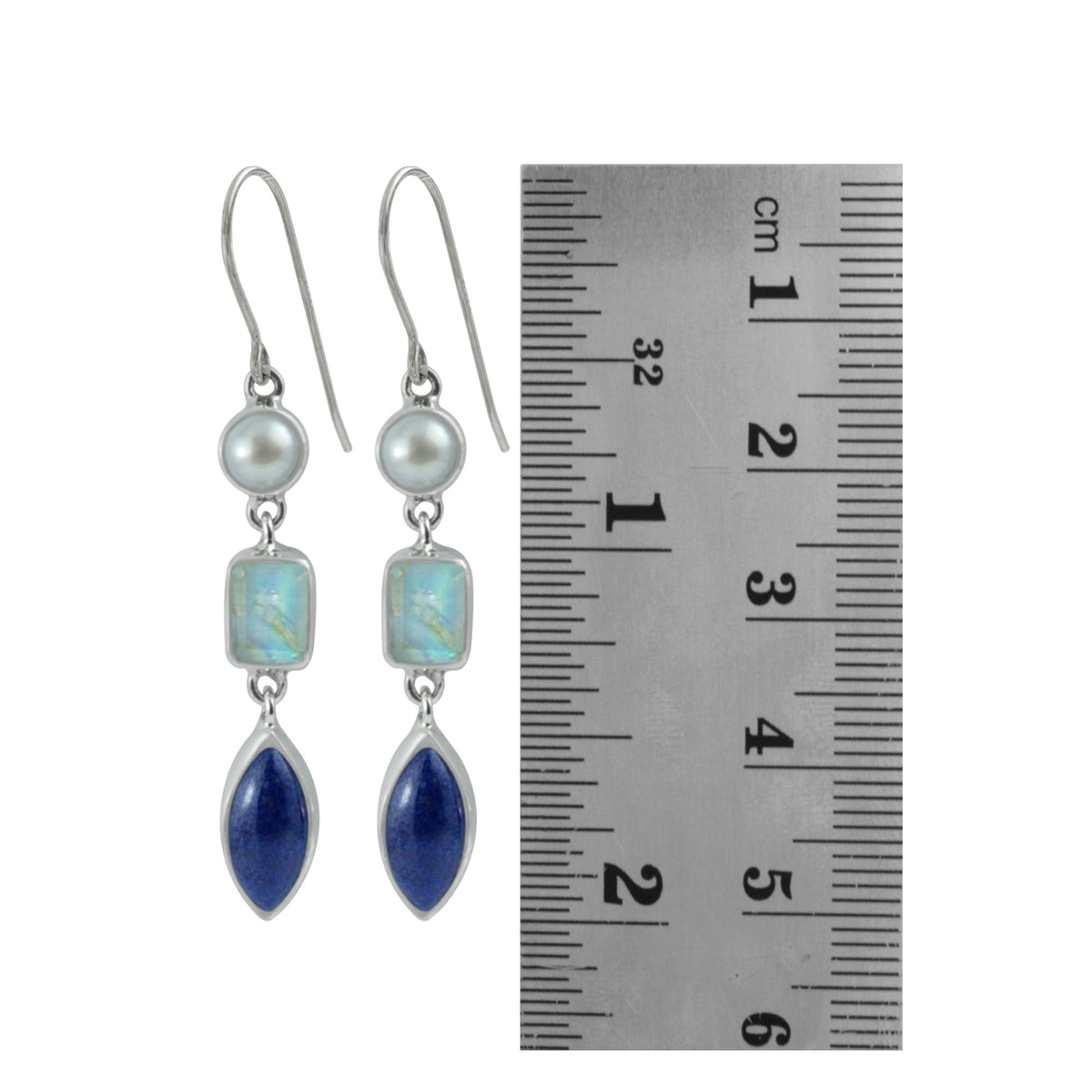 Stunning and Elegant Rainbow Moonstone pearl and lapis silver earring