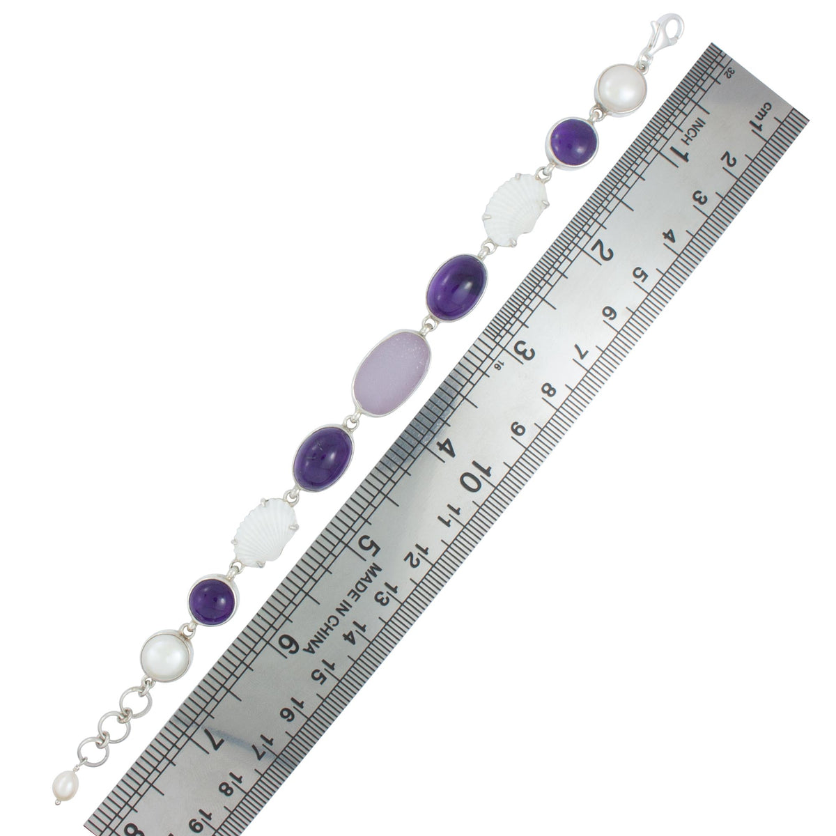 Silver Bracelet With White Ark, Amy Oval and Round, Lavender Sea Glass &amp; Pearl Round