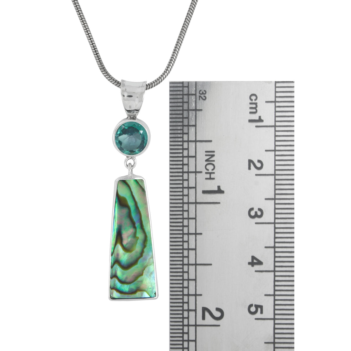 Silver Pendant With Green Quarzt Round Facet And Paua Rectangle
