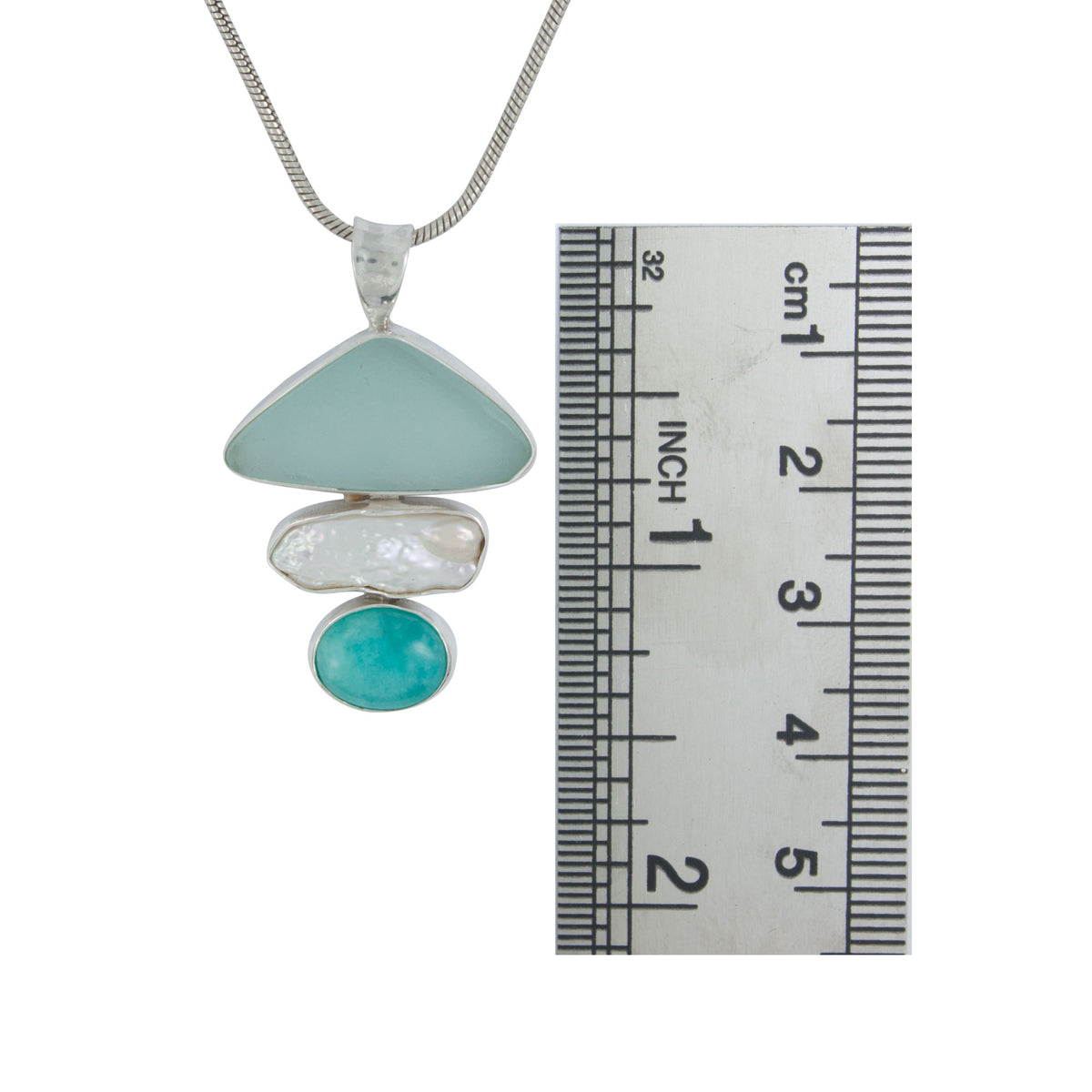 Elegant Seaglass Pendant -Pearl, Amozonite &amp; Aqua Seaglass