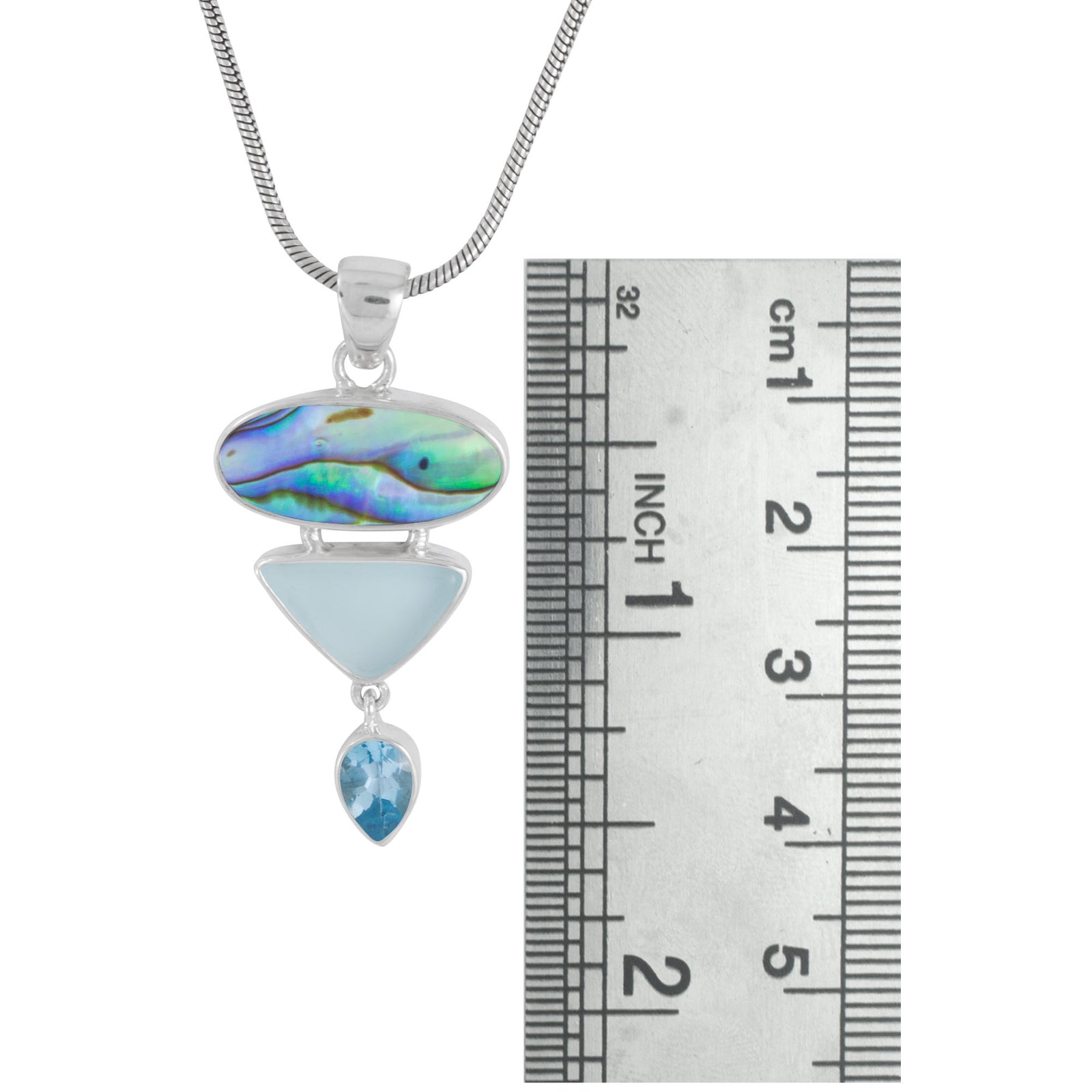 Sterling Silver Pendant With Paua Oval, Sea Glass Aqua And Blue Topaz Pear Drop