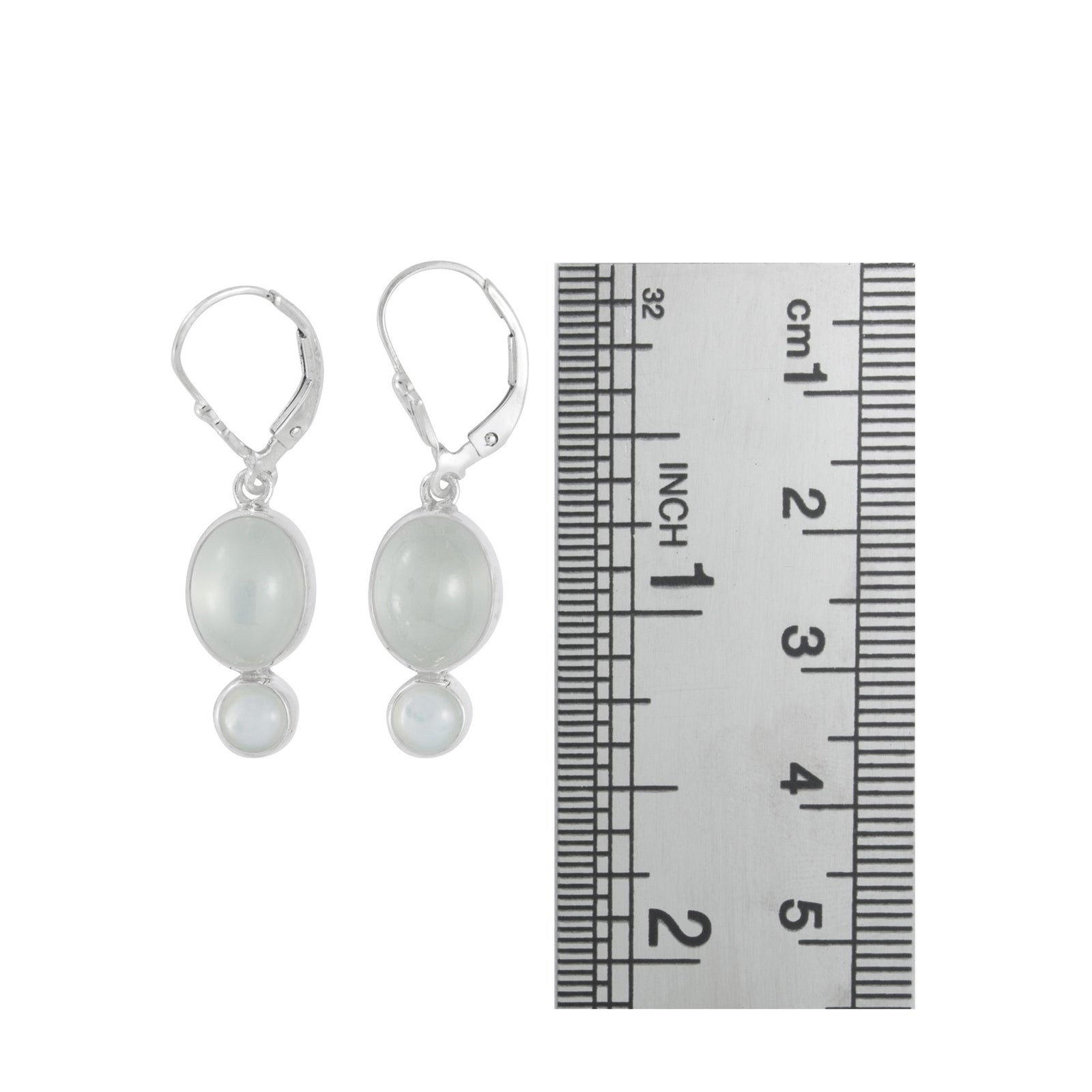 Sterling Silver Earring With Green Moon Stone Oval And Mather Of Pearl Round