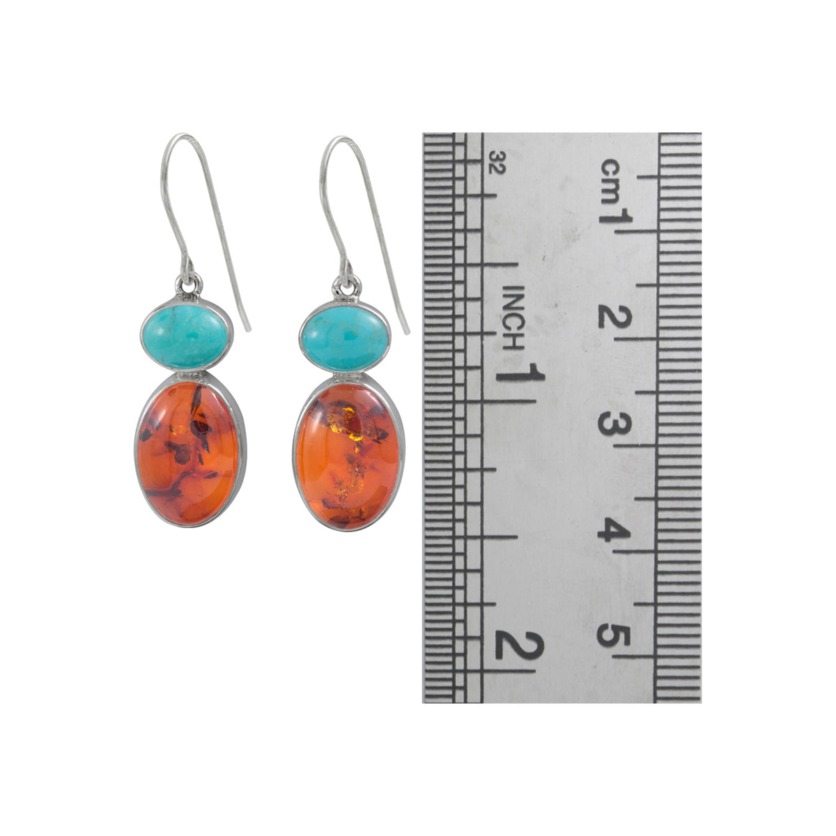 Silver Earring With Turquoise &amp; Amber Oval Drop
