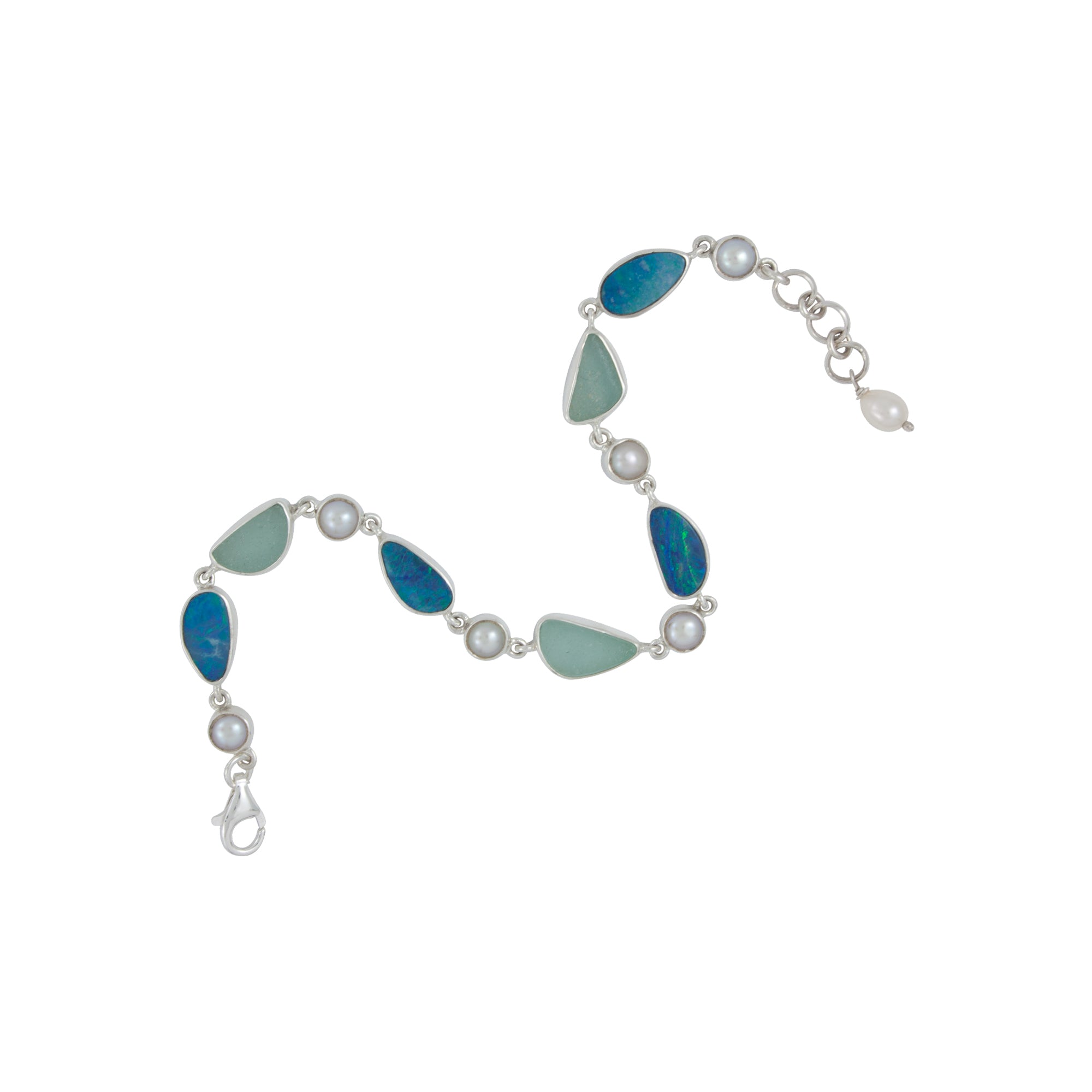 Stunning Combination of  Aqua Sea glass Australian Opal Silver Bracelet