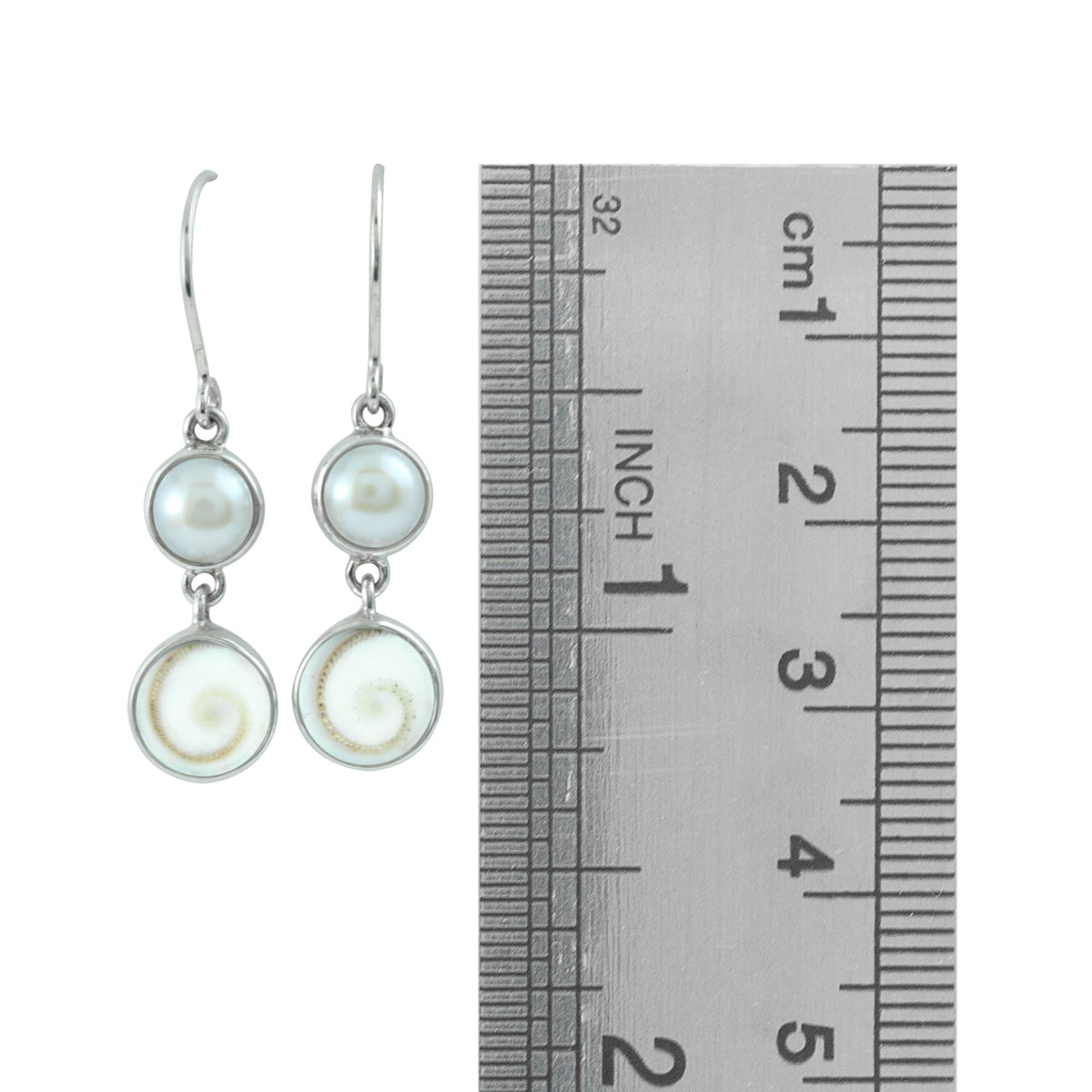 Silver Earring With Pearl Round &amp; Shell Spiral Round