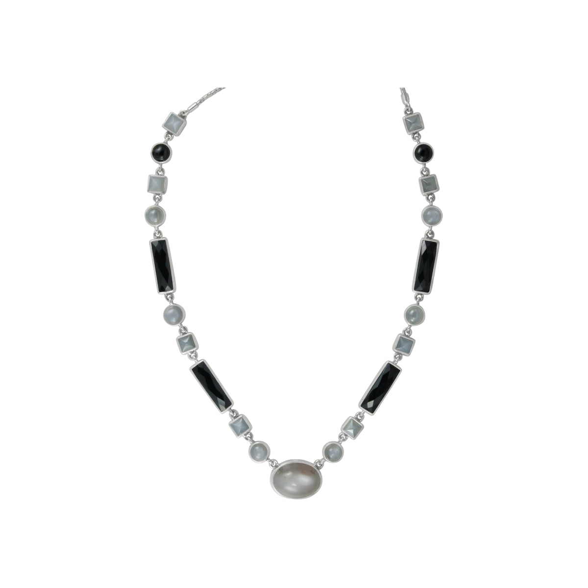 Sterling Silver Necklace With Grey Moon Stone And  Onyx