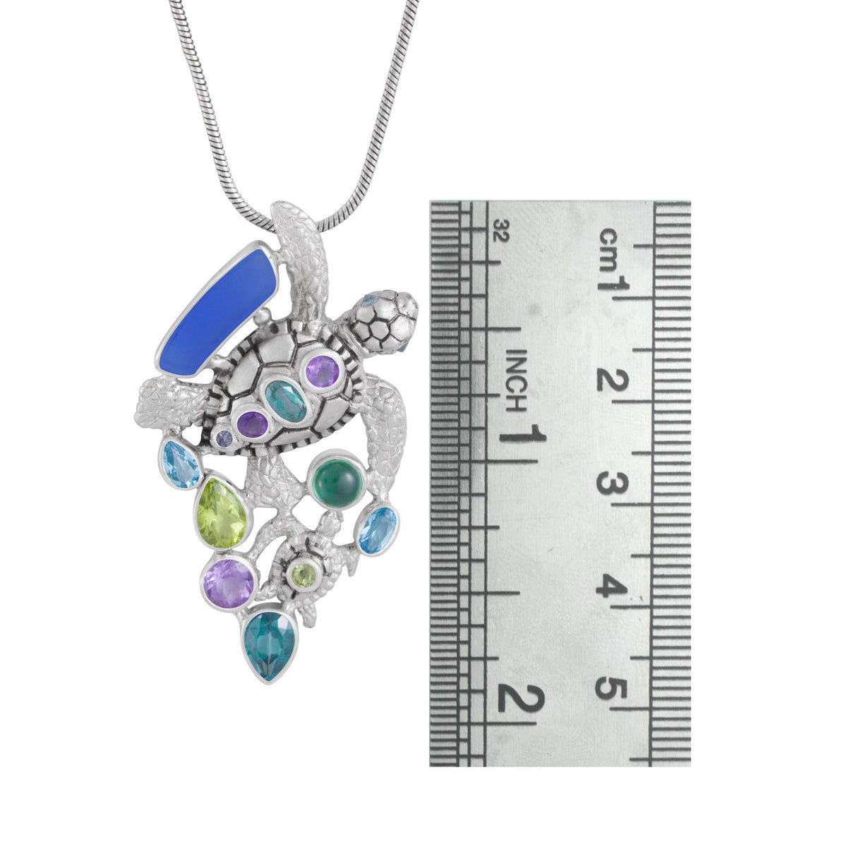 Exquisite Turtle Pendant with Sea Glass and a cascade of colored gemstones