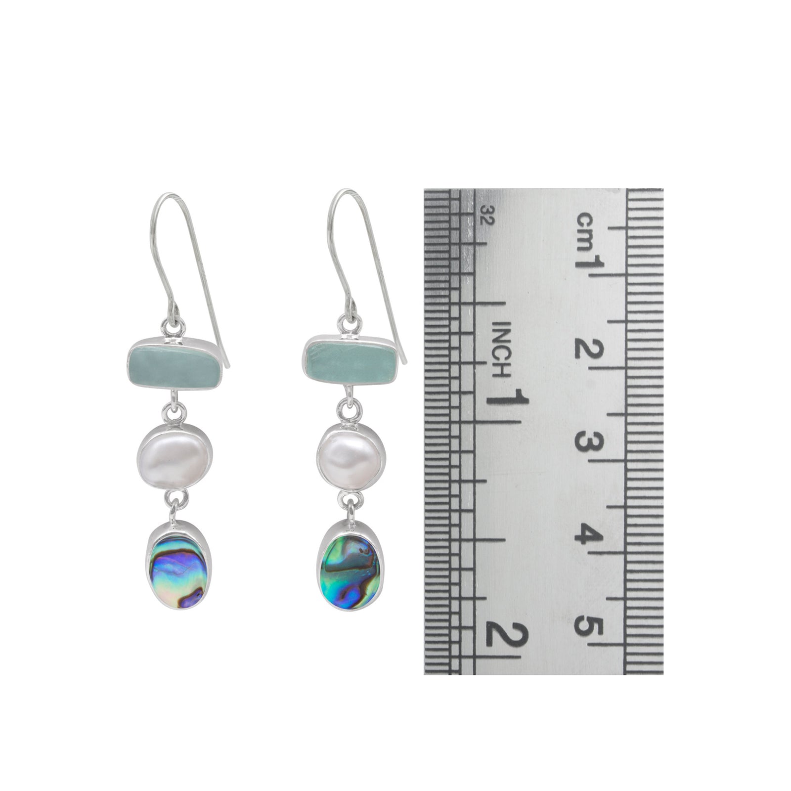 Sterling Silver Earring With Sea Glass Aqua, Paua Oval And Pearl Keishi